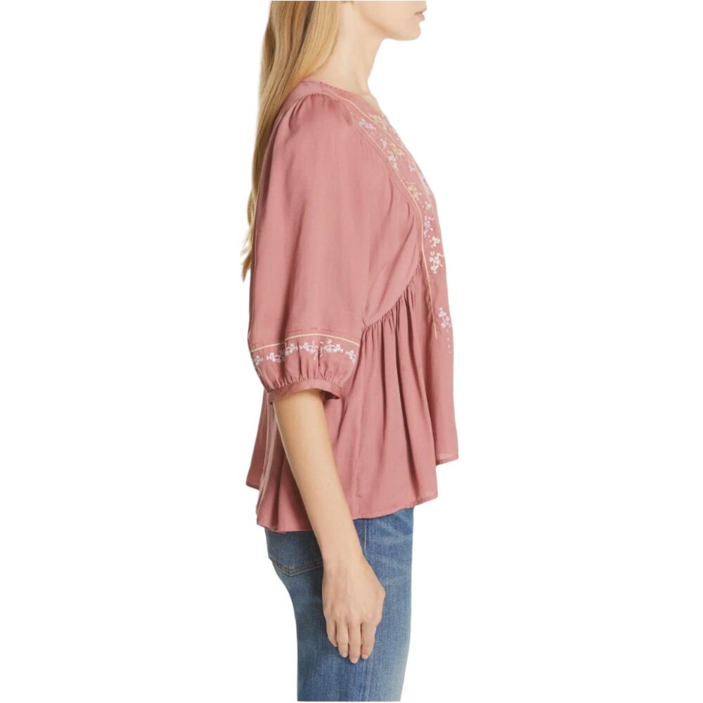 Anthropologie Dolan Pink Rose Embroidered Half Sleeve Top - Picture 3 of 13